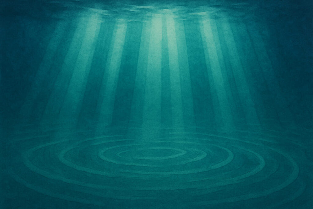 banner de dinosaurios marinos - columnas de luz submarinas, patrón de ondas concéntricas.