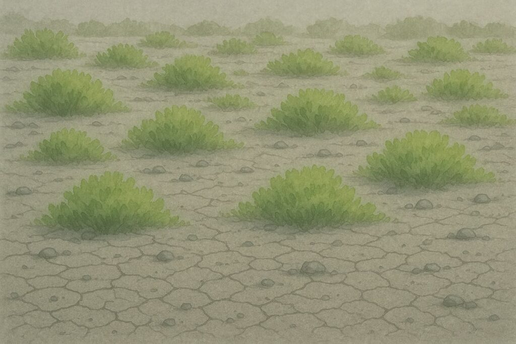 banner de dinosaurios terrestres - patrón de terreno con grietas finas/guijarros; arbustos bajos.