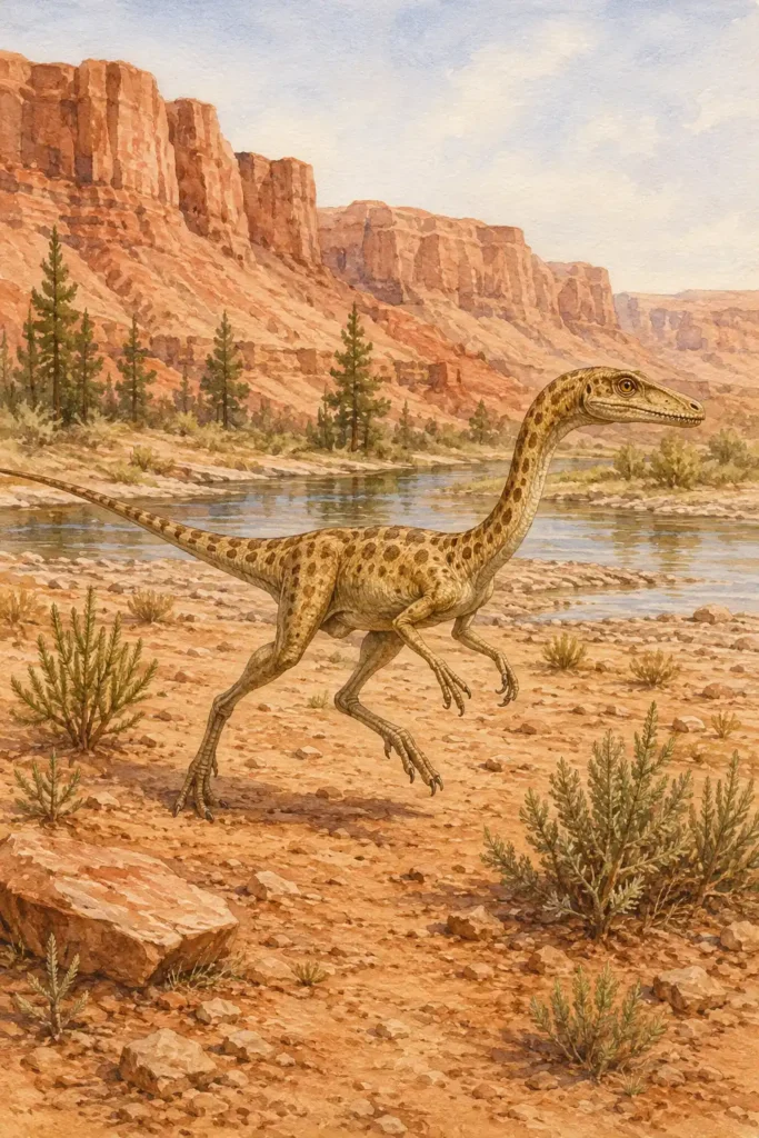 Ilustración en acuarela del Coelophysis, pequeño terópodo del Triásico
Superior, caminando ágilmente junto a un río estacional en un paisaje
árido de mesetas rojizas y coníferas, representando uno de los primeros
dinosaurios del suroeste de Pangea - mundodinos.com