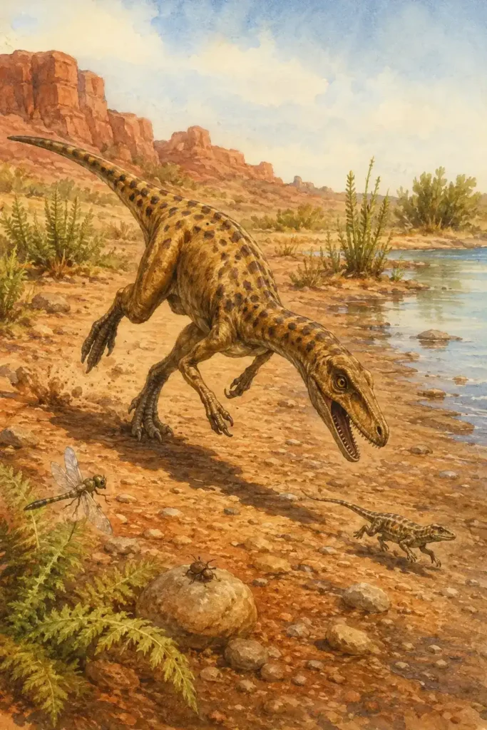Ilustración en acuarela del Coelophysis en plena carrera de caza
junto a un río estacional del Triásico, mostrando su dieta carnívora
oportunista: cazador activo de pequeños reptiles, sinápsidos e insectos
prehistóricos gracias a su velocidad y mandíbula serrada