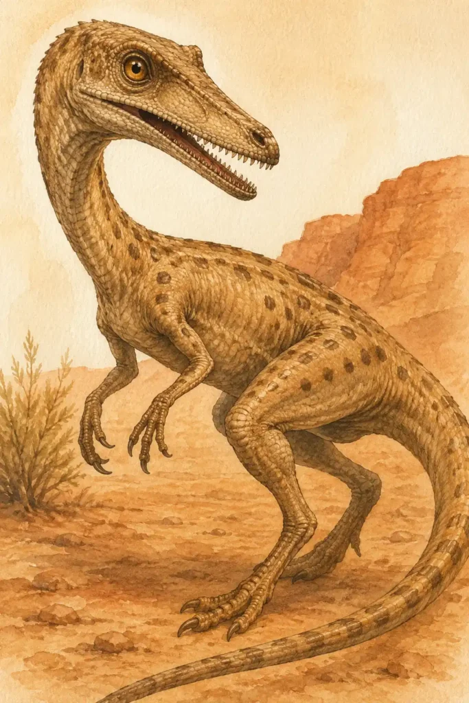 Ilustración en acuarela del Coelophysis, pequeño terópodo del Triásico
Superior, caminando ágilmente junto a un río estacional en un paisaje
árido de mesetas rojizas y coníferas, representando uno de los primeros
dinosaurios del suroeste de Pangea - mundodinos.com