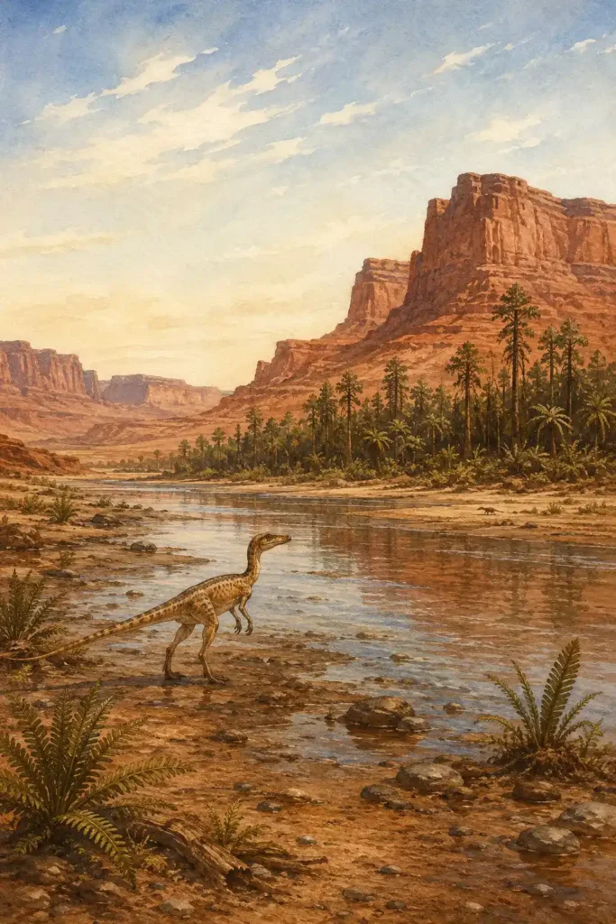 Ilustración en acuarela del hábitat del Coelophysis en el Triásico
Superior: márgenes húmedos de un río estacional entre vastas llanuras
áridas de Pangea, con coníferas, cícadas y formaciones de arenisca roja,
el entorno donde vivió hace entre 228 y 201 millones de años