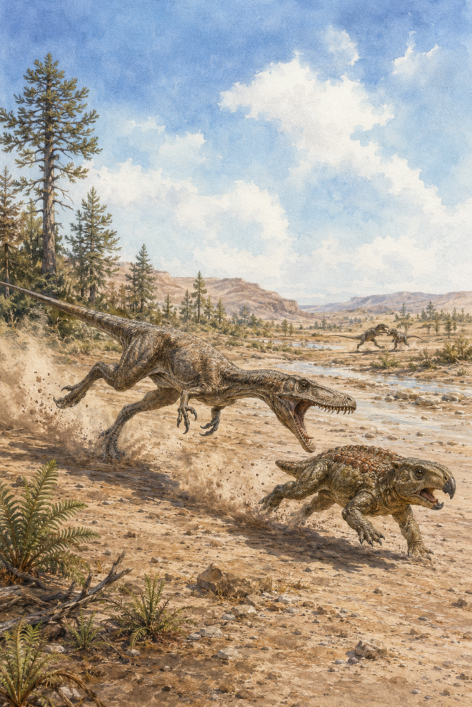 Escena de alimentación del Herrerasaurus cazando un rincosaurio a gran velocidad, destacando sus dientes serrados tipo tiburón y su agilidad como depredador alfa del Triásico Superior en una ilustración técnica editorial