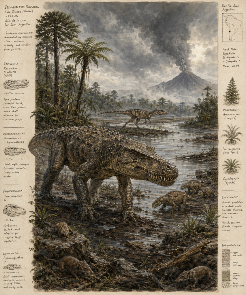 Reconstrucción paleoartística del hábitat del Herrerasaurus en Pangea, mostrando un paisaje de llanuras volcánicas del Triásico con helechos, cícadas, rauisuquios y rincosaurios en la Formación Ischigualasto, estilo acuarela científica.