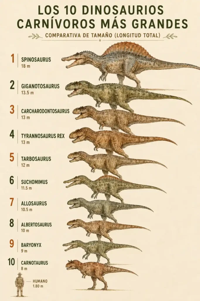 10 figuras de dinosaurios carnivoros a escala con figura humana de referencia, fondo pergamino - mundodinos.com