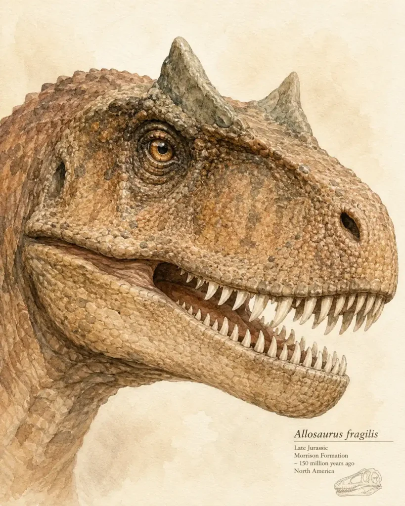 Primer plano cabeza/mandíbula de terópodo tipo Allosaurus, boca entreabierta sin agresividad