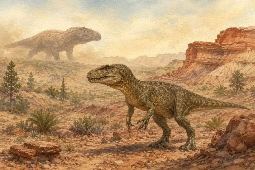 Herrerasaurus en la Formación Ischigualasto, rauisúquido al fondo estableciendo jerarquía