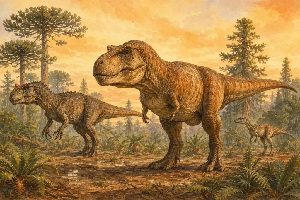 3 terópodos de distintos períodos en paisaje Mesozoico en capas - Imagen principal - Dinosaurios carnívoros