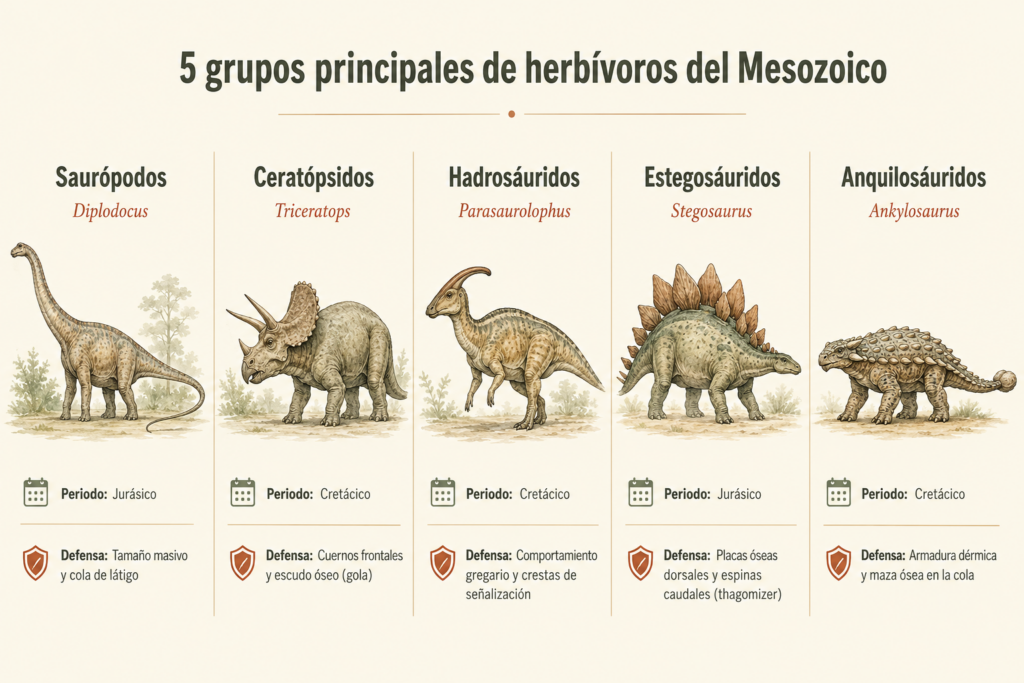 Tipos de dinosaurios herbívoros: saurópodos, ceratópsidos, hadrosáuridos, estegosáuridos y anquilosáuridos