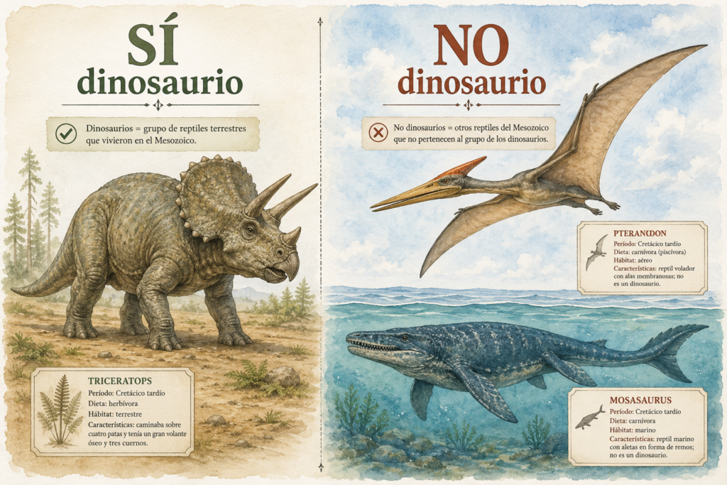 Diferencia entre dinosaurio herbívoro terrestre, pterosaurio y mosasaurio: qué es y qué no es un dinosaurio