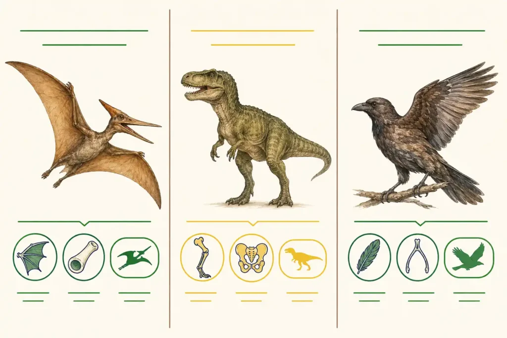 Infografía comparativa: diferencias entre pterosaurios, dinosaurios y aves modernas - mundodinos.com