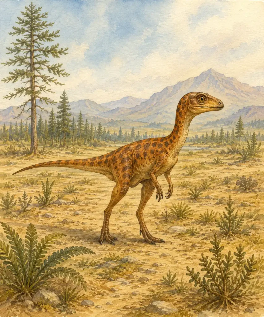 Ilustración en acuarela de un pequeño dinosaurio bípedo del Triásico en un
paisaje árido con coníferas y helechos, representando los primeros dinosaurios
que habitaron la Tierra hace 252 millones de años