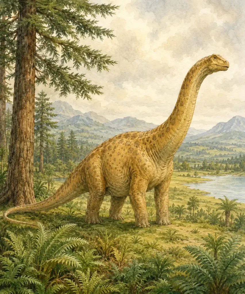Ilustración en acuarela de un gran saurópodo del Jurásico en un paisaje
exuberante de helechos, coníferas y praderas prehistóricas, representando
la era de los gigantes herbívoros