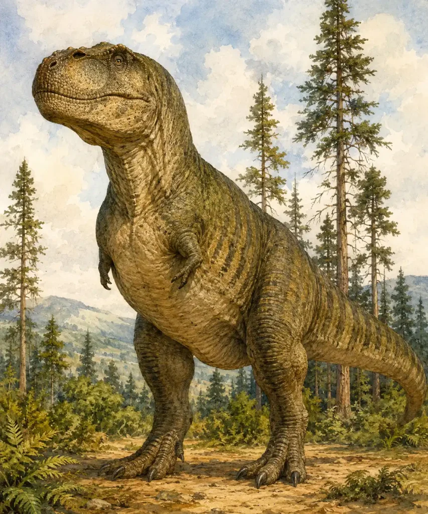 Ilustración en acuarela de un gran terópodo del Cretácico entre coníferas
y vegetación prehistórica, representando el último y más diverso período
de la era de los dinosaurios