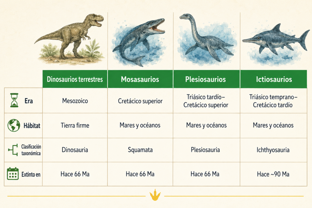 Comparativa visual entre dinosaurios y reptiles marinos prehistóricos: mosasaurios, plesiosaurios e ictiosaurios