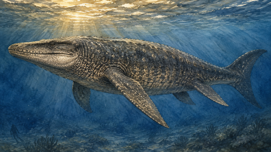 Ilustración del Mosasaurus en primer plano, océano abierto - mundodinos.com