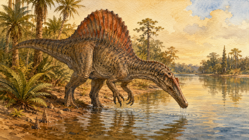 Ilustración de Spinosaurus aegyptiacus en ribera de río del Cretácico, postura semierguida con las patas traseras en el agua poco profunda - mundodinos.com