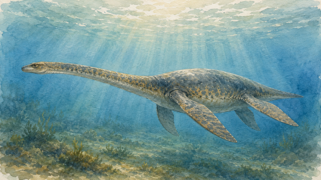 Ilustración de plesiosaurio nadando en el océano, uno de los reptiles marinos que no eran dinosaurios - mundodinos.com