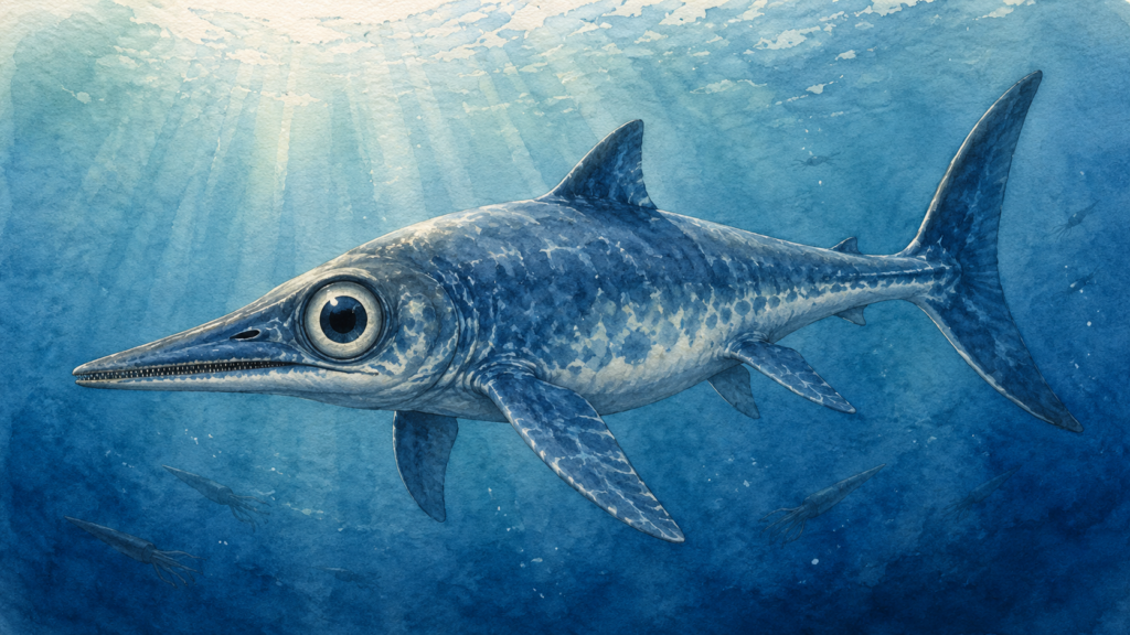 Ilustración en acuarela de un Ophthalmosaurus nadando en aguas profundas. Se destaca su cuerpo de pez, su cola vertical y sus enormes ojos adaptados a la oscuridad oceánica. - mundodinos.com