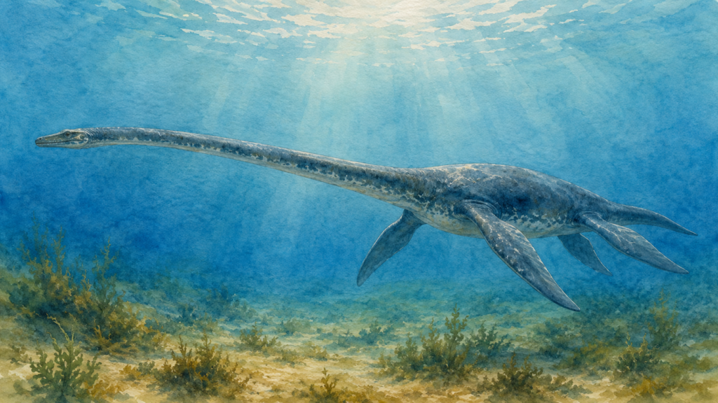 Ilustración de plesiosaurio nadando en el océano del Cretácico, uno de los reptiles marinos prehistóricos que no eran dinosaurios