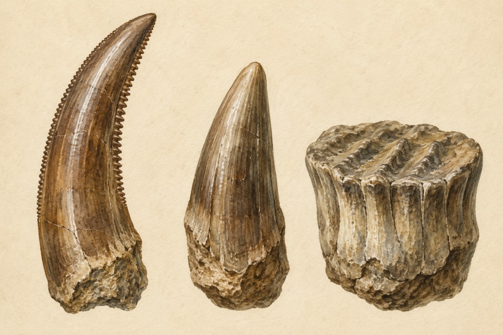 Ilustración científica comparando tres tipos de dientes de dinosaurio según su dieta: serrado de carnívoro, cónico de omnívoro y plano de herbívoro - mundodinos.com