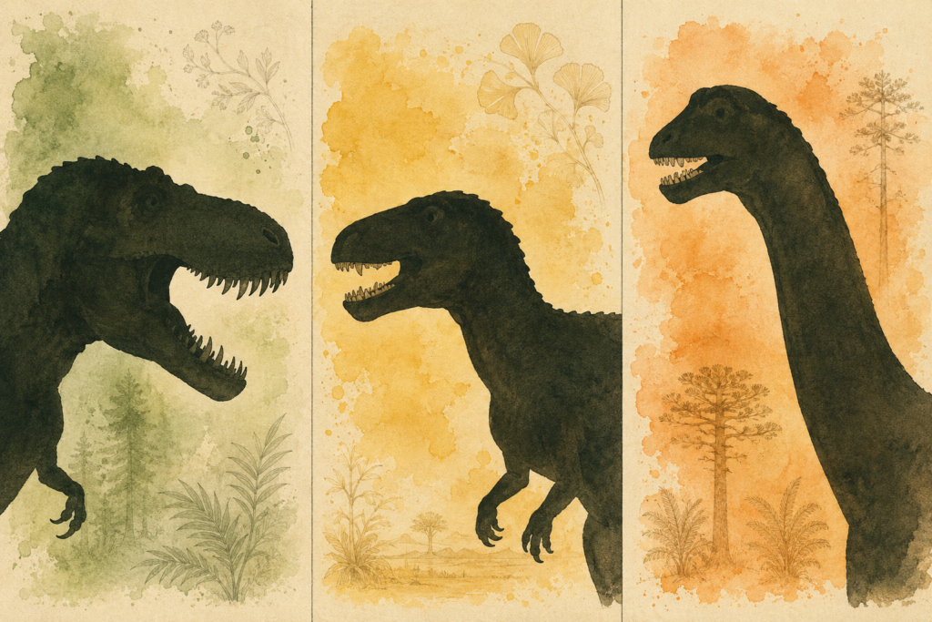 Infografía comparativa de los tres tipos de dieta en dinosaurios: carnívoro con dientes serrados, omnívoro con dientes mixtos y herbívoro con dientes planos - mundodinos.com
