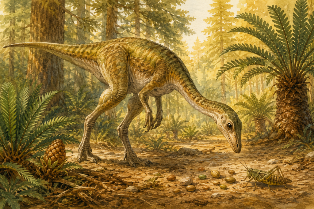 Ilustración en acuarela de un dinosaurio omnívoro del Cretácico, postura curiosa explorando el suelo en busca de alimento entre plantas prehistóricas - mundodinos.com