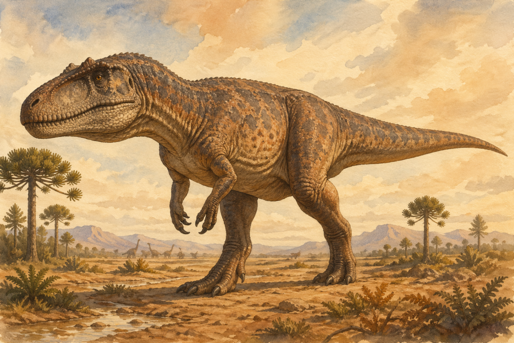 Ilustración técnica en acuarela de un Giganotosaurus caminando por una llanura de la Patagonia - mundodinos.com