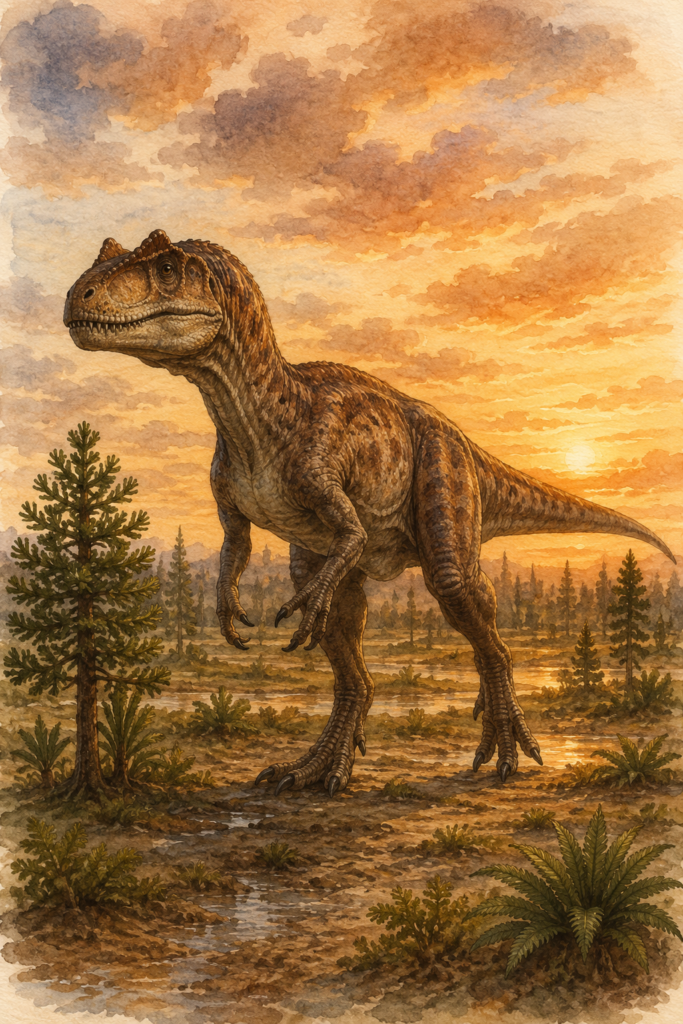 Allosaurus adulto de perfil en tres cuartos, caminando sobre llanura aluvial del Jurásico Superior de la Formación Morrison - mundodinos.com