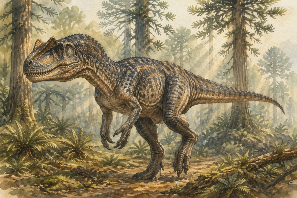 Ilustración técnica en acuarela de un Allosaurus en perfil lateral, destacando sus tres garras y mandíbula potente en un entorno bosca jurásico - mundodinos.com