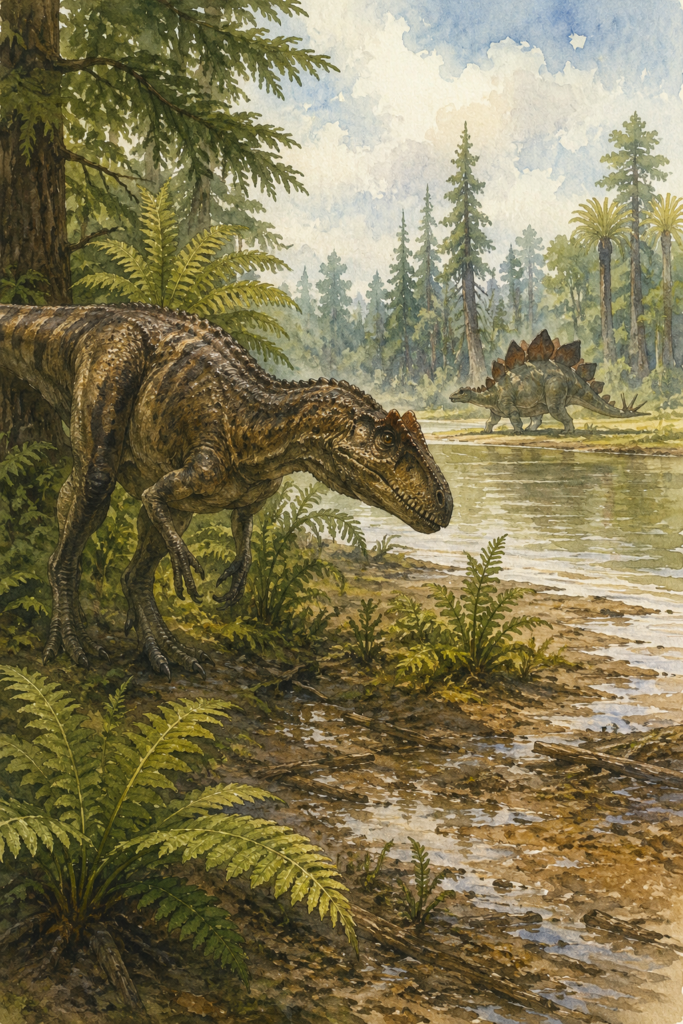 Allosaurus adulto en primer plano examinando o siguiendo el rastro de un gran herbívoro del Jurásico - mundodinos.com