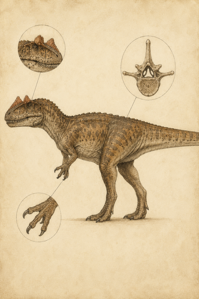 Allosaurus en vista lateral completa sobre fondo crema neutro, como lámina científica ilustrada - mundodinos.com