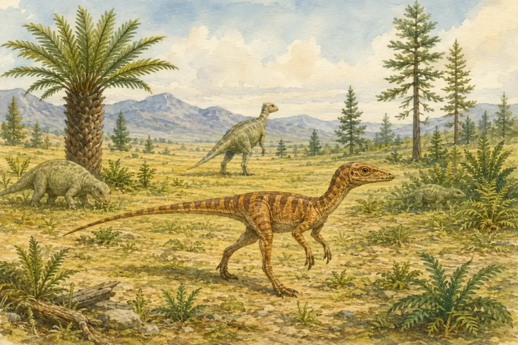 Ilustración en acuarela de pequeños dinosaurios bípedos y cuadrúpedos del
Triásico en una llanura semi-árida con coníferas y cícadas, representando
los primeros dinosaurios que habitaron Pangea