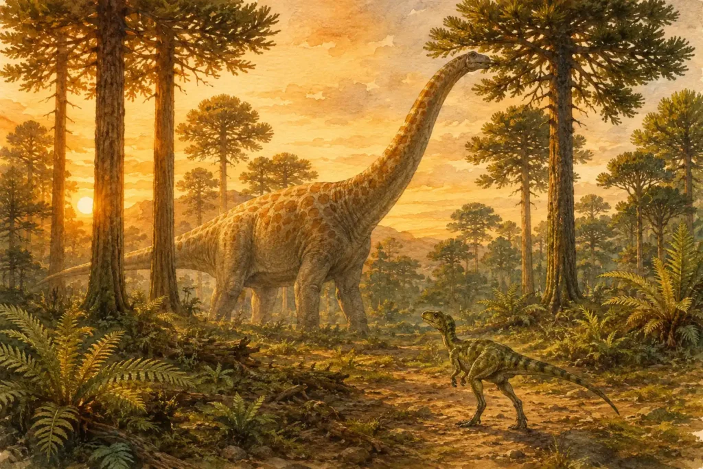 Ilustración en acuarela de un Brachiosaurus de cuello largo entre araucarias jurásicas al atardecer, junto a un pequeño dinosaurio bípedo en primer plano, en un paisaje prehistórico cálido y pacífico - banner principal mundodinos.com