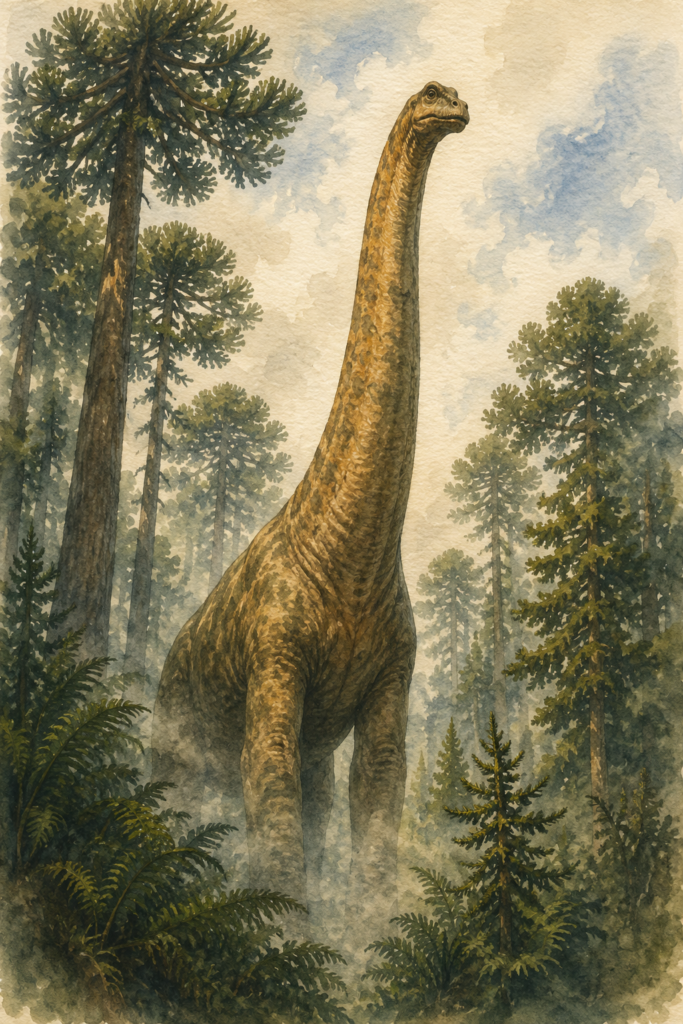 Ilustración técnica en acuarela de un Brachiosaurus en postura de vigilancia, con su cabeza asomando sobre los árboles más altos de un bosque de araucarias - mundodinos.com