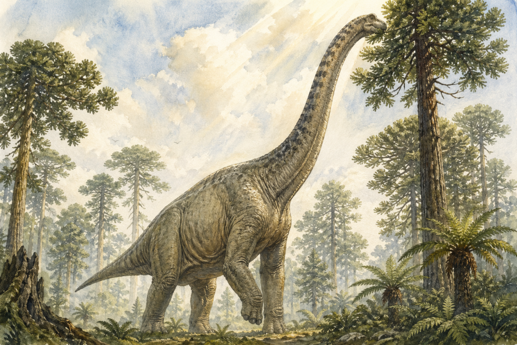 Ilustración en acuarela de un Brachiosaurus alimentándose de la copa de una araucaria en un bosque jurásico.