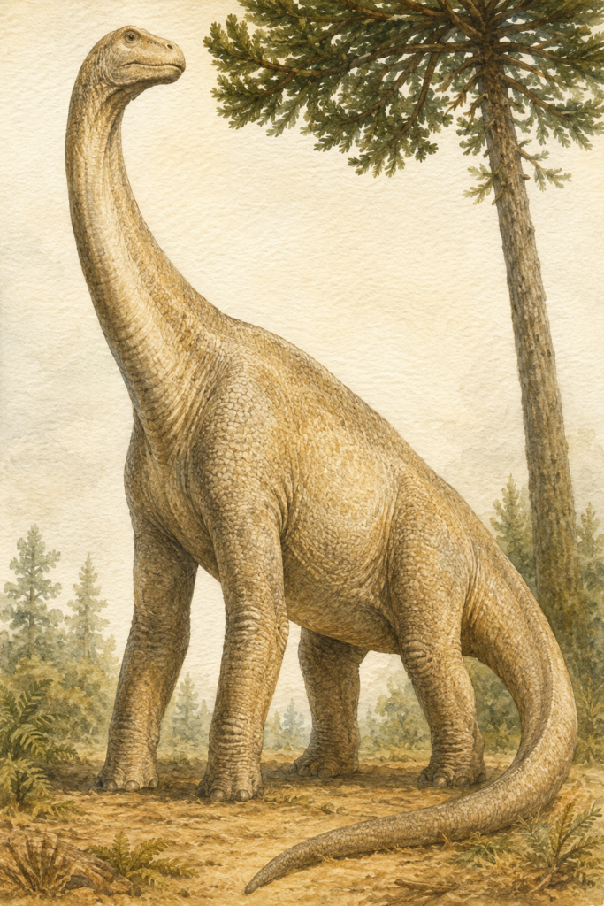 Ilustración en acuarela anatómica del Brachiosaurus destacando 
sus patas delanteras más largas que las traseras