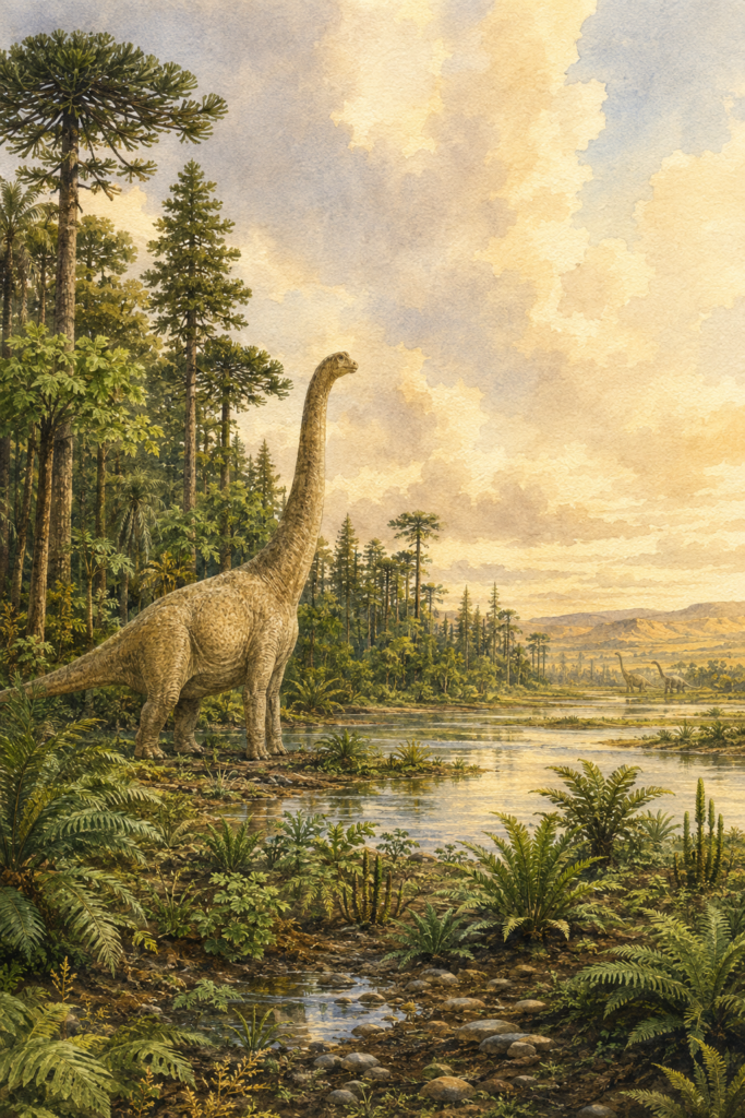 Ilustración en acuarela del hábitat del Brachiosaurus en el 
Jurásico Superior de la Formación Morrison, Norteamérica - mundodinos.com