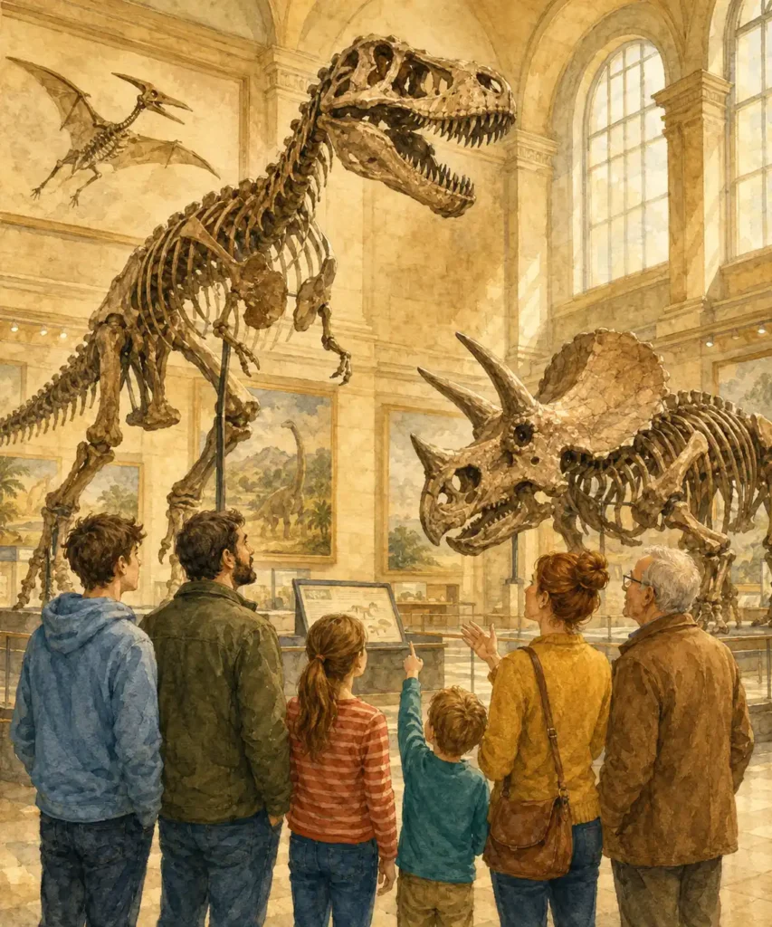 Ilustración en acuarela de una familia observando esqueletos de dinosaurios
en una sala de museo de historia natural, transmitiendo asombro y aprendizaje
intergeneracional