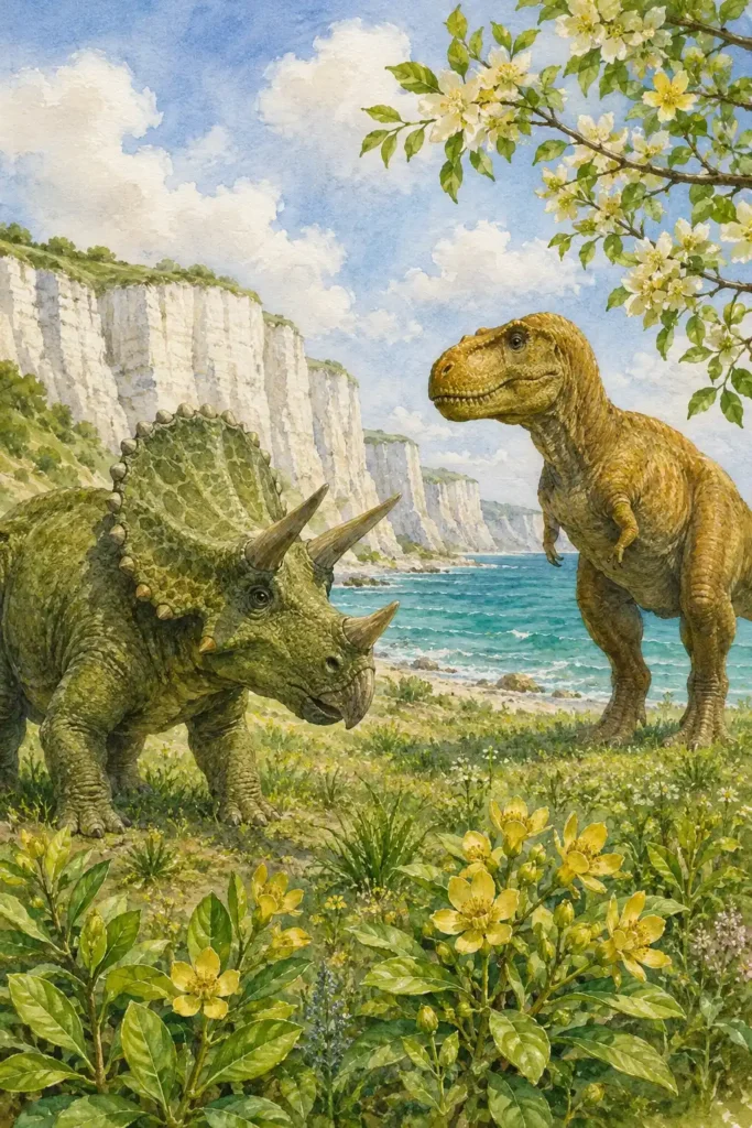 Ilustración en acuarela de un Triceratops y un gran terópodo del Cretácico 
en un paisaje costero con acantilados de tiza, mar turquesa y plantas con 
flores, representando la diversidad del último período de la era de los dinosaurios