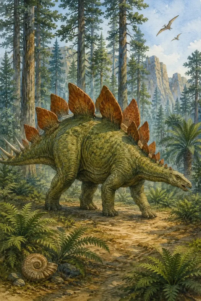 Ilustración en acuarela del Stegosaurus cruzando un claro del bosque 
jurásico entre coníferas y helechos, con pterosaurios en el cielo y 
un ammonite en primer plano como detalle de campo paleontológico