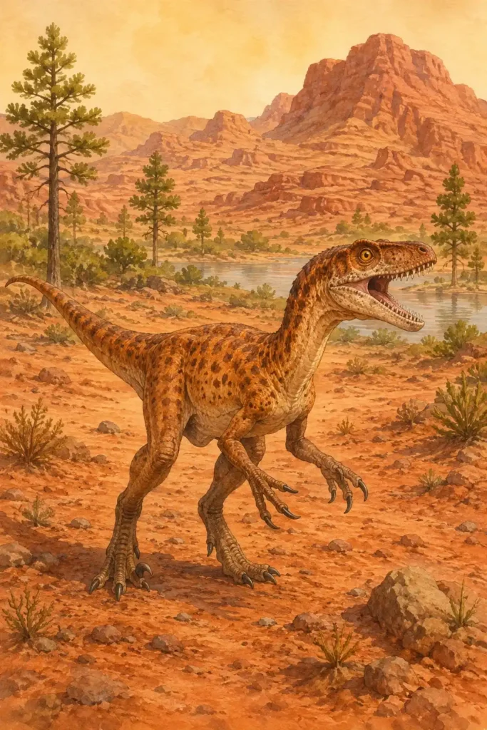 Ilustración en acuarela del Herrerasaurus, depredador primitivo del Triásico, 
con la boca abierta mostrando su mandíbula articulada y dientes serrados, 
en el paisaje árido y volcánico de la Formación Ischigualasto en Argentina