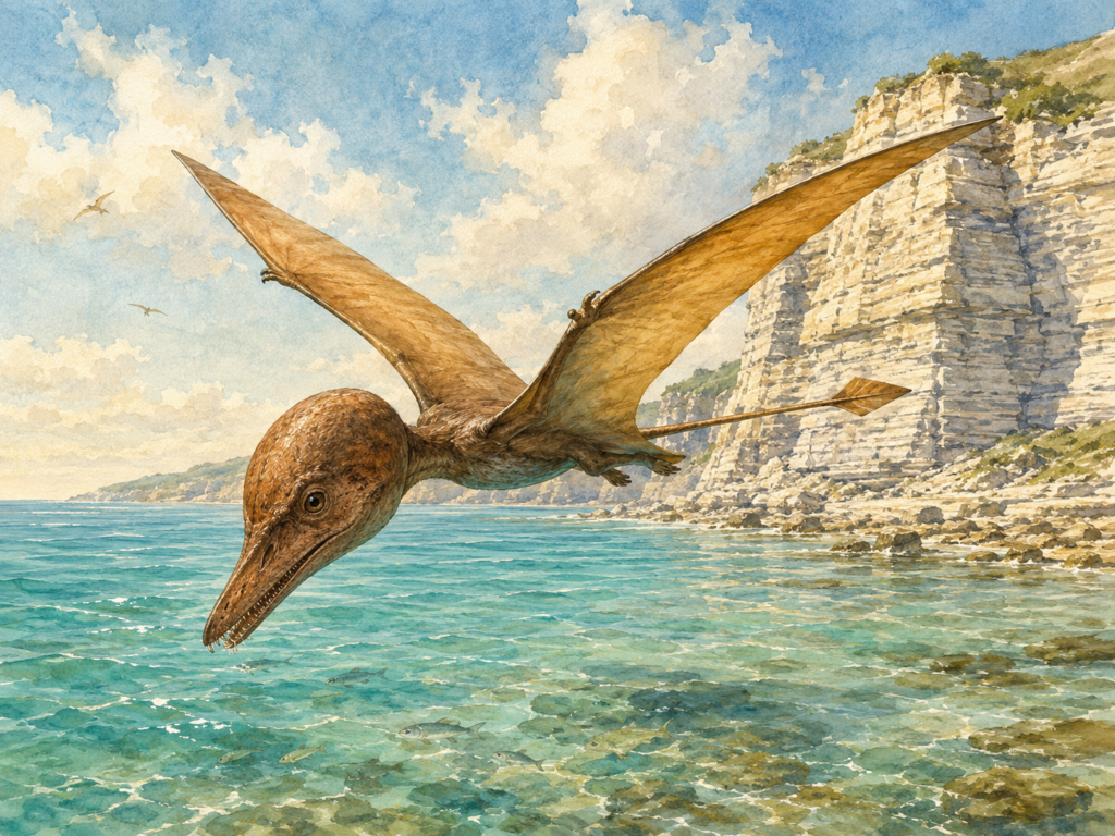 Ilustración en acuarela del Dimorphodon macronyx, pterosaurio del Jurásico Inferior, planeando sobre los acantilados costeros de la actual Inglaterra hace 184-199 millones de años, mostrando su característica cabeza grande con dientes puntiagudos, cola larga con vane terminal y alas de membrana, rasgos que lo distinguen de los pterodactiloideos más evolucionados