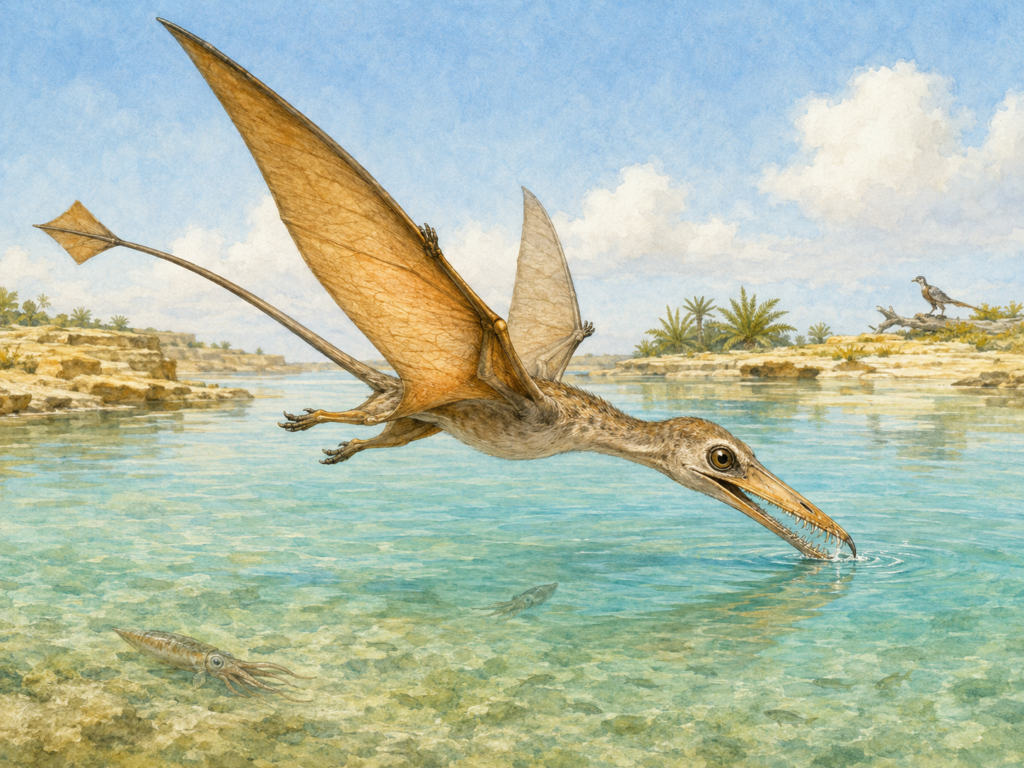Ilustración en acuarela del Rhamphorhynchus muensteri, pterosaurio 
del Jurásico Superior, en vuelo rasante de pesca sobre la laguna 
tropical de Solnhofen hace 150 millones de años, mostrando su 
cola larga con vane romboidal característica, dientes curvos 
proyectados hacia adelante y membrana alar extendida, 
rasgos distintivos de los pterosaurios de cola larga - mundodinos.com
