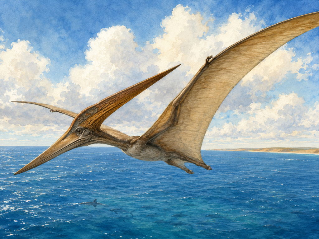 Ilustración en acuarela del Pteranodon longiceps planeando sobre 
el mar interior del Cretácico Superior de Norteamérica hace 
80-85 millones de años, mostrando su característica cresta 
ósea posterior, pico desdentado, envergadura de hasta 6 metros 
y vuelo de planeo sobre corrientes térmicas oceánicas, 
rasgos que lo distinguen como el pterosaurio más especializado 
para la navegación aérea de larga distancia - mundodinos.com