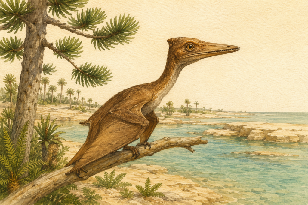 Ilustración en acuarela del Pterodactylus antiquus posado en una 
rama de araucaria junto a la laguna tropical de Solnhofen durante 
el Jurásico Superior, mostrando su cola corta vestigial, cuello 
largo, cabeza grande con pico recto dentado y membrana alar 
característica de los pterodactiloideos, el grupo más 
evolucionado de pterosaurios - mundodinos.com