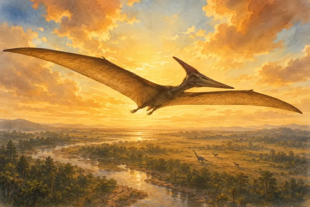 Pterosaurio planeando sobre paisaje prehistórico del Cretácico - reptiles voladores mesozoicos - mundodinos.com