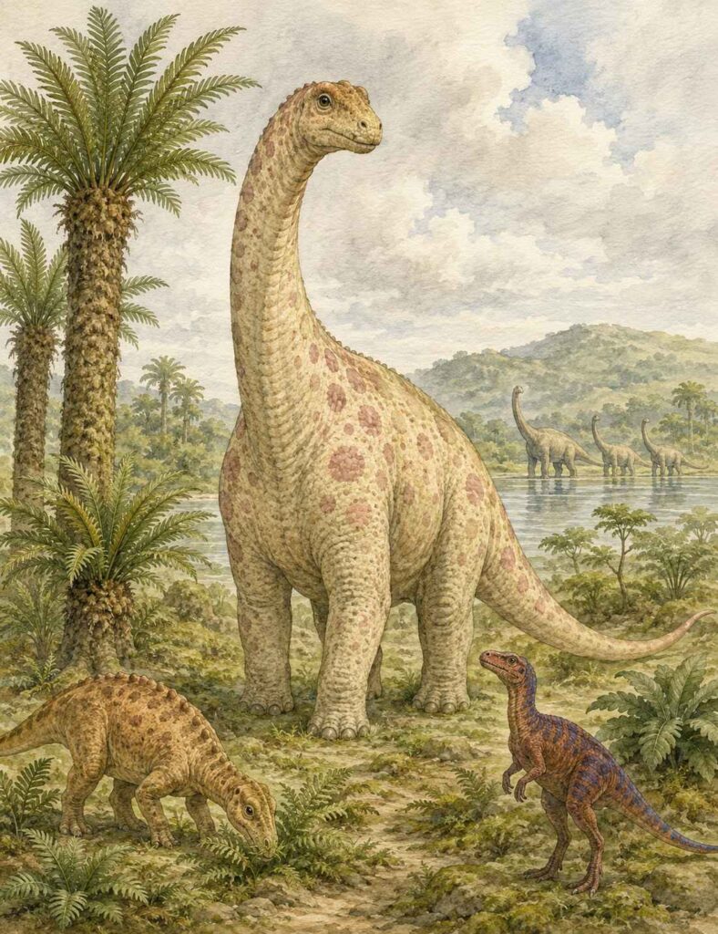 Ilustración en acuarela de varios dinosaurios jurásicos conviviendo en un paisaje
prehistórico con lagos, helechos y cícadas, representando la diversidad de la
era mesozoica