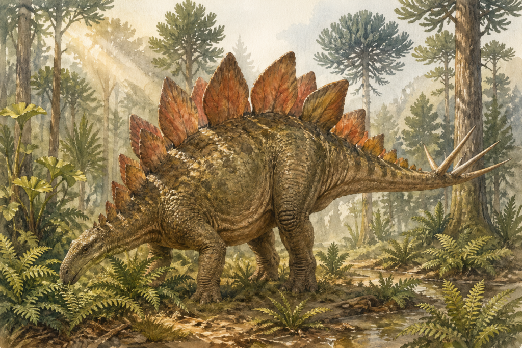 Ilustración en acuarela de un Stegosaurus caminando por un bosque de helechos del Jurásico Superior. Se aprecian sus placas dorsales y púas en la cola - mundodinos.com