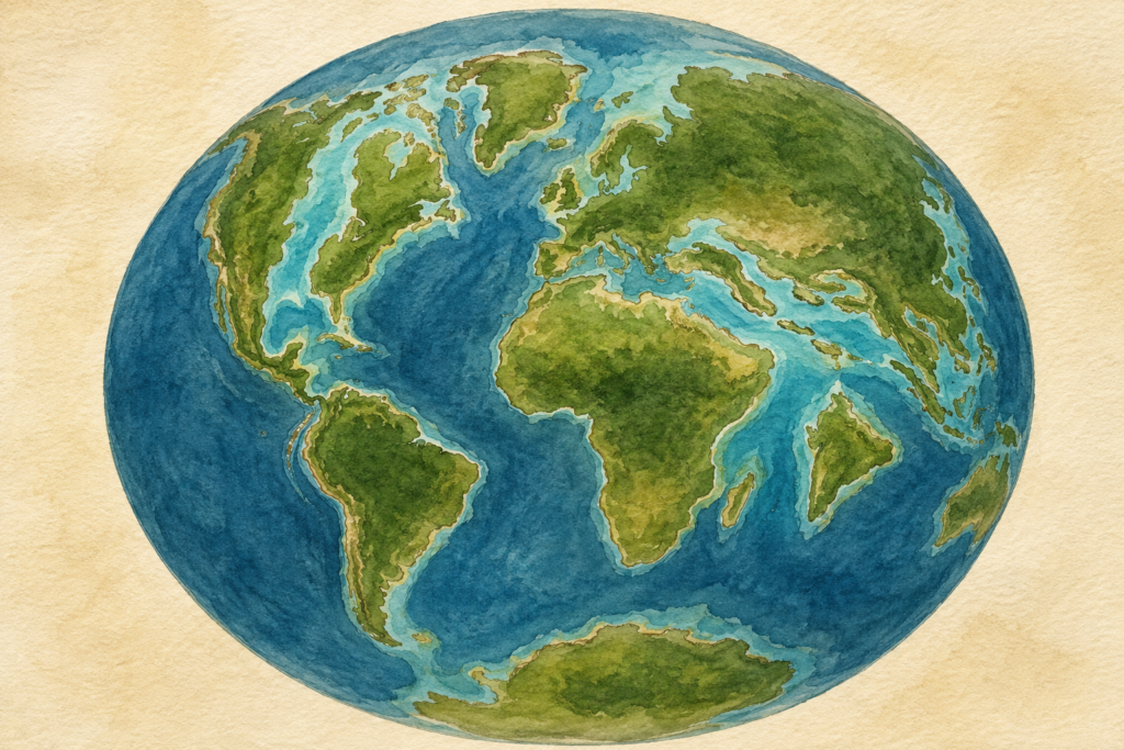 Ilustración en acuarela tradicional del planeta durante el Cretácico Superior, mostrando la configuración casi moderna de los continentes con el Océano Atlántico bien definido - mundodinos.com